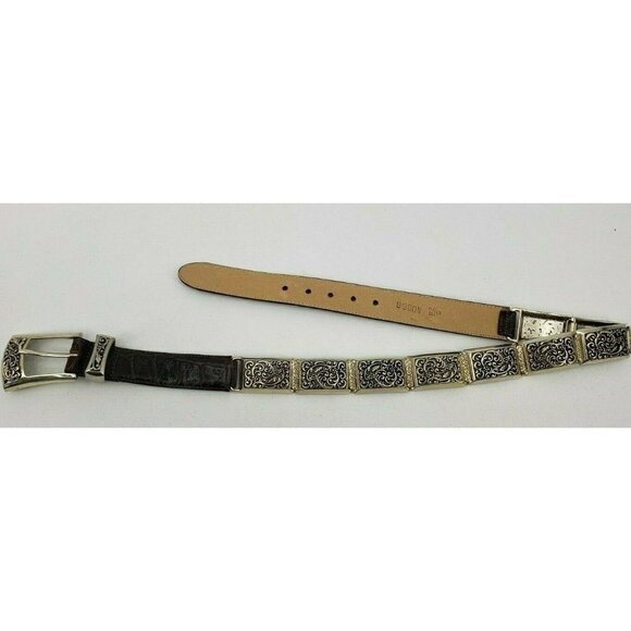 Brighton Silver Metal Link Brown Leather Belt Womens Small 28 Floral